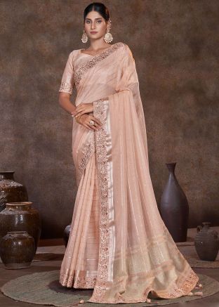 Peach Embroidered Border Saree In Organza