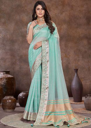 Turquoise Embroidered Saree In Organza