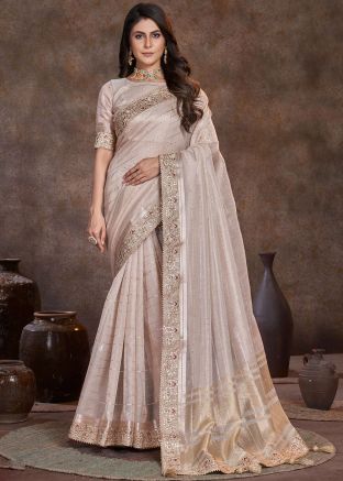 Beige Embroidered Organza Saree & Blouse