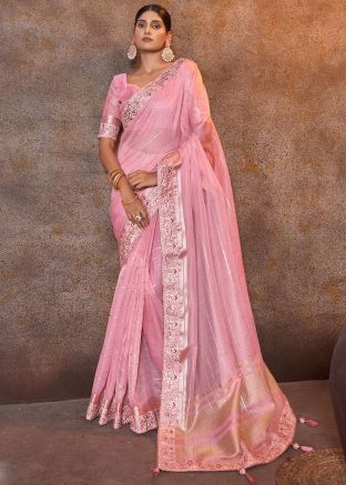 Pink Organza Embroidered Saree With Blouse
