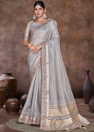 Organza Grey Embroidered Saree & Blouse