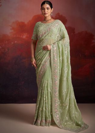 Green Organza Saree In Thread Embroidery