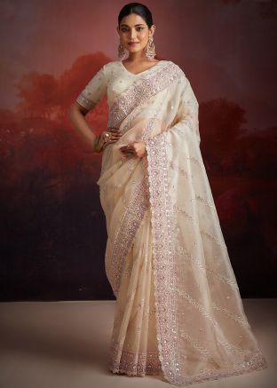 White Thread Embroidered Net Saree