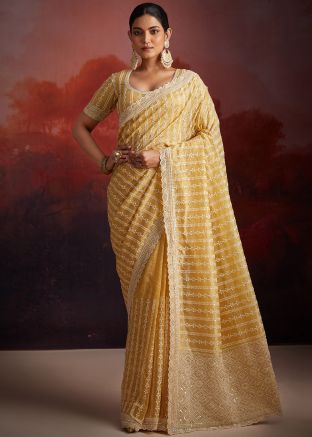 Mustard Yellow Embroidered Saree In Organza