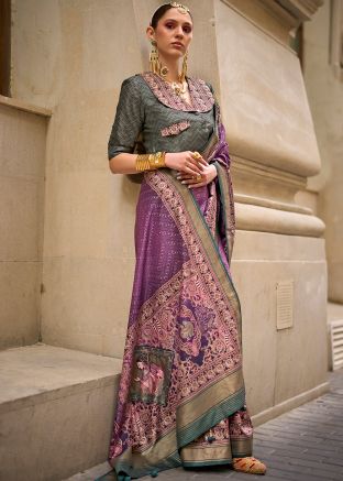 Purple Printed Saree In Viscose Silk