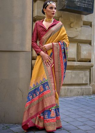 Yellow Viscose Saree In Print