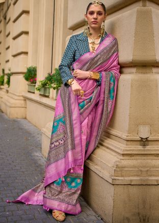Pink Viscose Silk Saree In Print