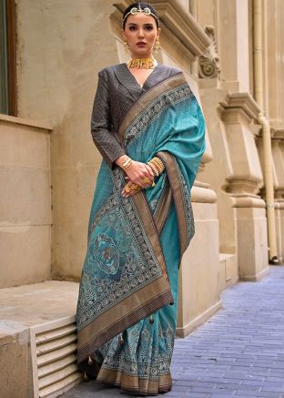 Viscose Silk Turquoise Saree In Print
