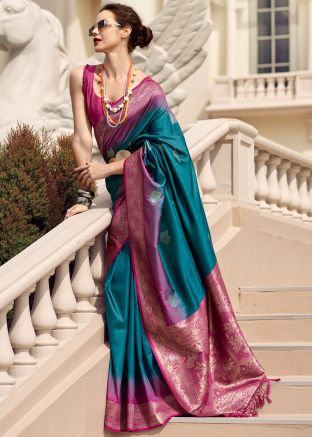 Teal Blue Woven Border Silk Saree