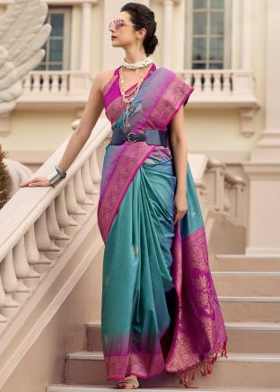 Teal Blue Silk Saree In Woven Work