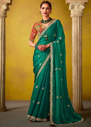 Green Embroidered Saree In Pure Silk