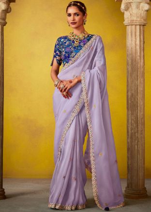 Purple Embroidered Silk Saree