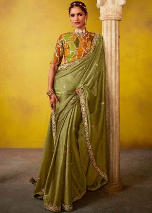 Green Embroidered Saree In Pure Silk