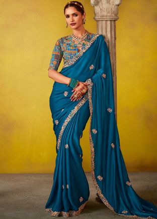 Blue Thread Embroidered Saree In Silk