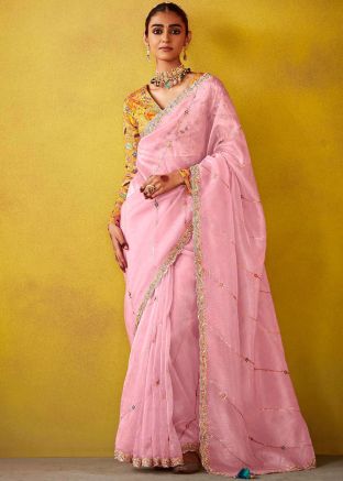 Pink Embroidered Saree In Silk