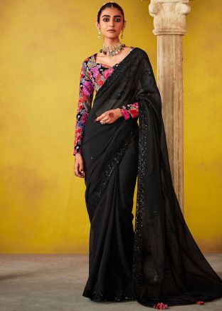 Black Embroidered Silk Saree