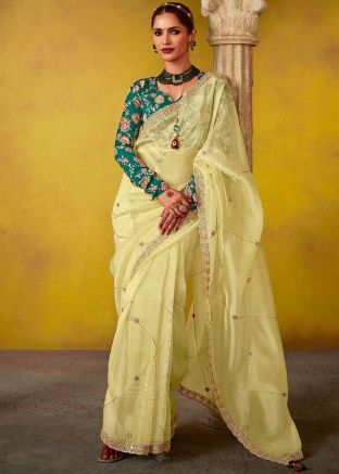 Yellow Embroidered Saree In Pure Silk