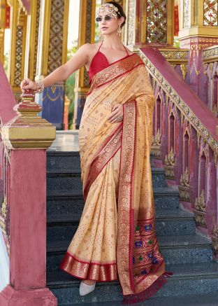 Cream Bandhej Print Tussar Silk Saree