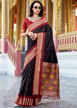 Black Bandhej Print Saree In Tussar Silk
