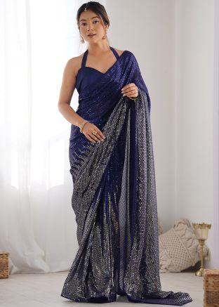 Blue Sequins Embellished Georgette Saree
