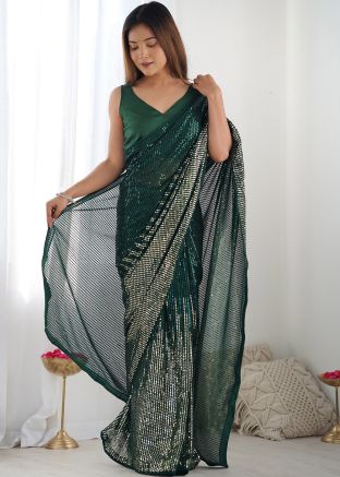 Dark Green Sequins Work Georgette Saree