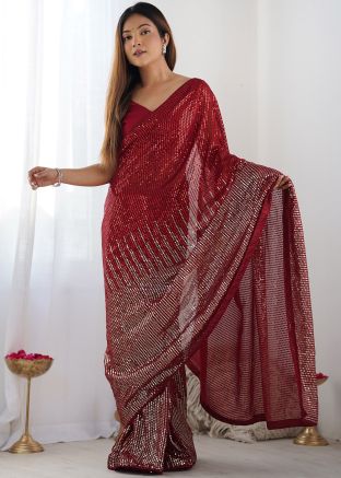Red Georgette Saree In Sequin Work