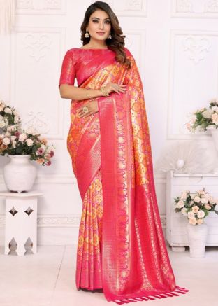 Yellow & Pink Woven Saree In Art Silk