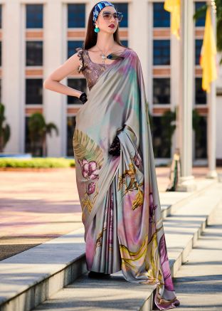 Grey Floral Print Satin Saree