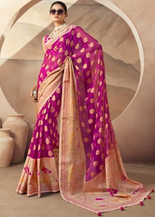 Pink Zari Woven Georgette Saree