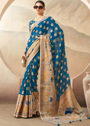 Blue Zari Woven Georgette Saree