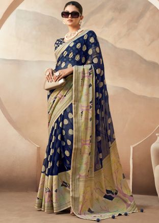 Navy Blue Woven Georgette Saree