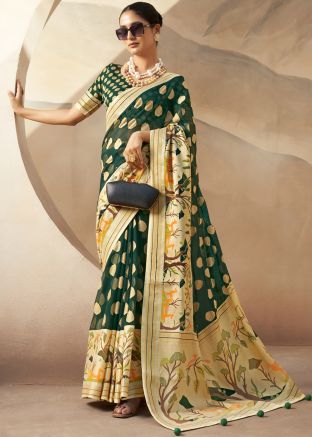 Green Woven Georgette Saree & Blouse