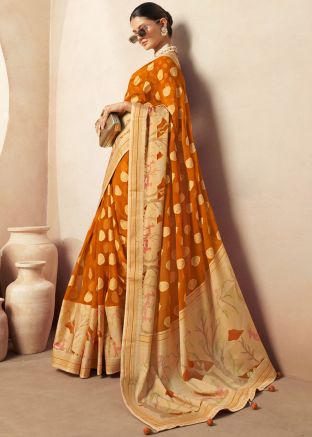 Mustard Yellow Zari Woven Georgette Saree