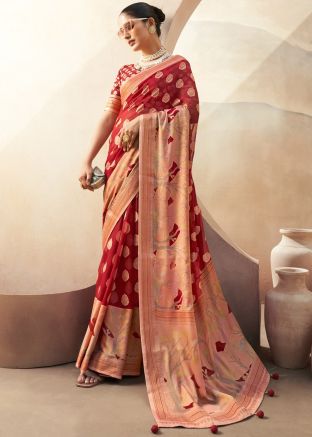 Red Zari Woven Saree & Blouse