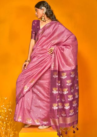 Pink Zari Woven Tussar Silk Saree