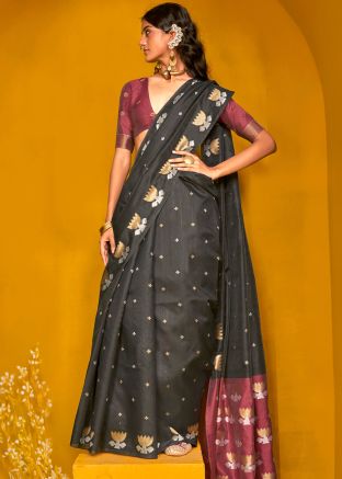 Black Zari Woven Saree In Tussar Silk 