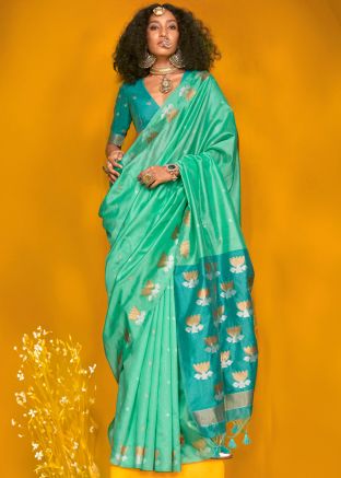 Turquoise Woven Saree In Tussar Silk 