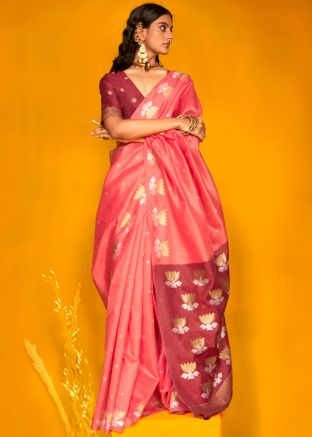 Dark Peach Tussar Silk Zari Woven Saree