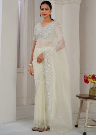 Off White Stone Work Saree In Organza