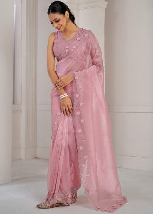 Pink Stone Work Saree In Organza