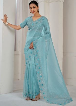 Blue Organza Saree In Stone Work