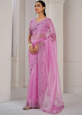 Pink Stone Work Saree In Organza