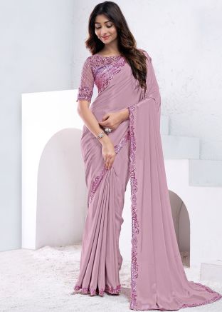 Mauve Pink Embroidered Saree With Blouse