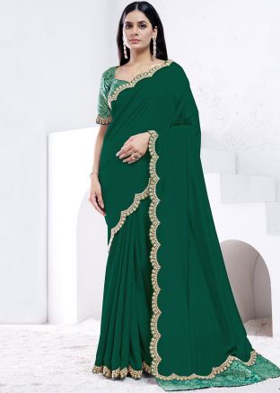 Green Stone Embellished Border Crape Saree
