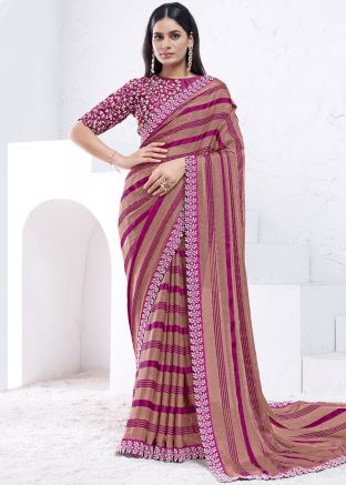 Brown & Purple Stripes Print Georgette Saree