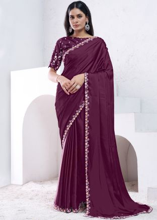 Wine Satin Silk Embroidered Border Saree