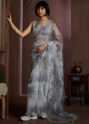Grey Floral Print Saree In Organza