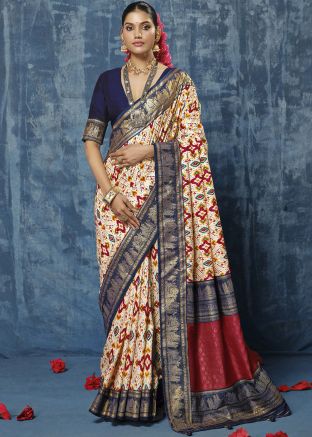 Cream Printed Saree In Silk