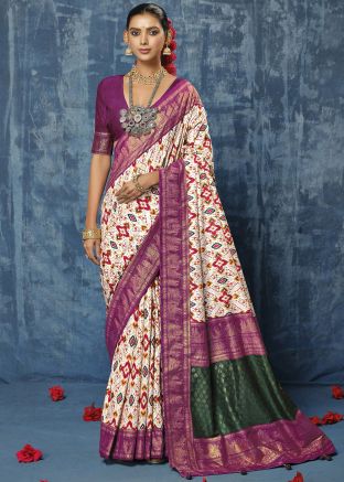 Cream Silk Saree In Printed Work