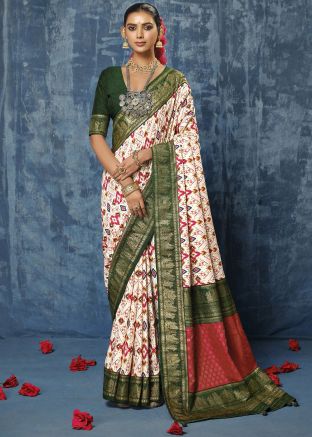 Cream Printed Saree In Silk